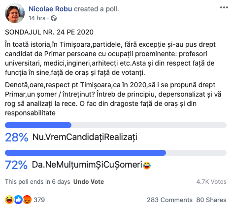 Nicolae Robu, pe Facebook: „Denotă respect pentru Timișoara să i se propună drept primar un șomer/ întreținut?