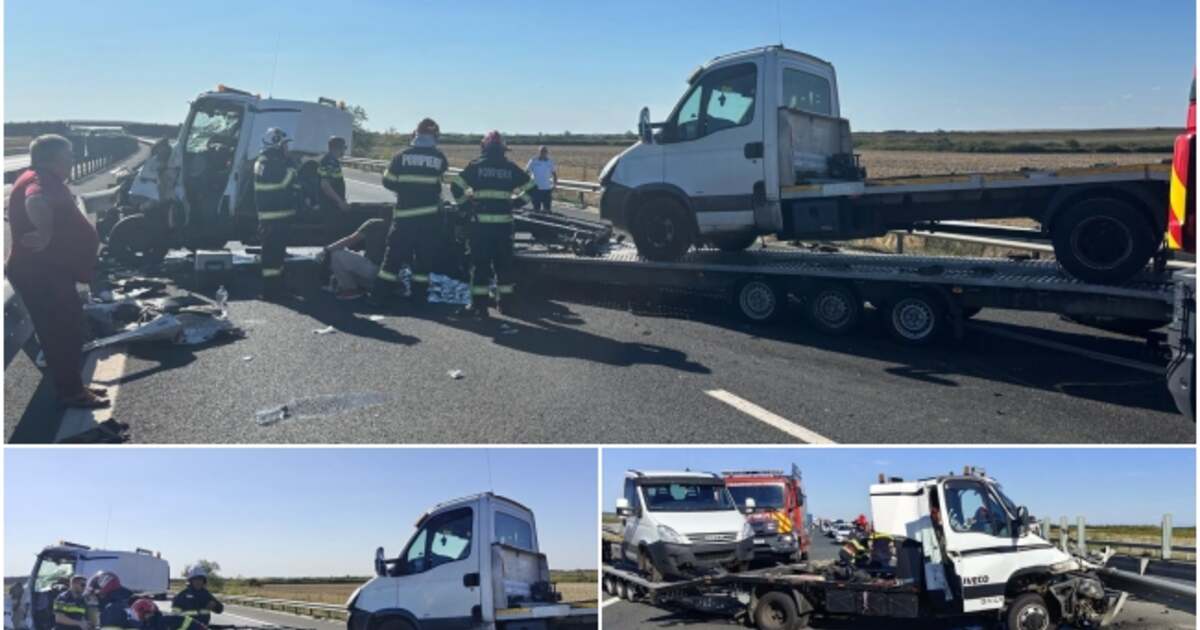 Accident grav pe A1: un bărbat prins între fiare după coliziunea dintre un microbuz și un autotren. Accident grav pe A1: un bărbat prins între fiare după coliziunea dintre un microbuz și un autotren.
