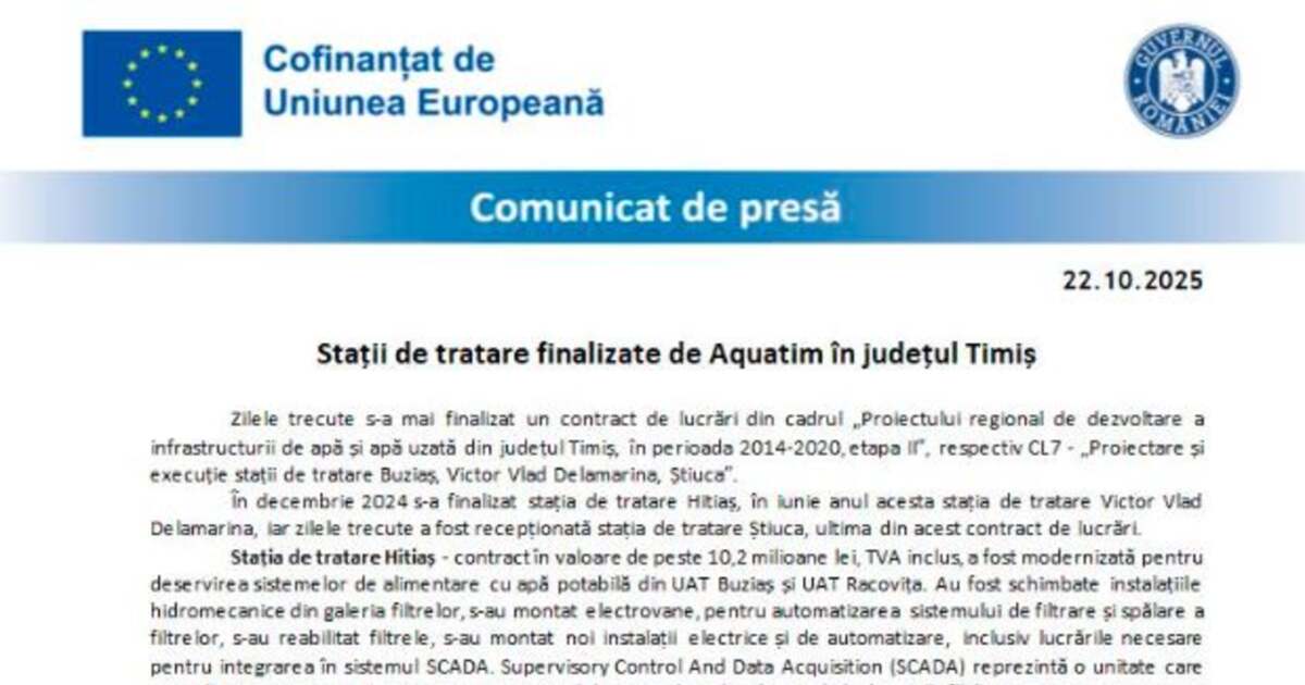 Aquatim a finalizat noi stații de tratare în județul Timiș