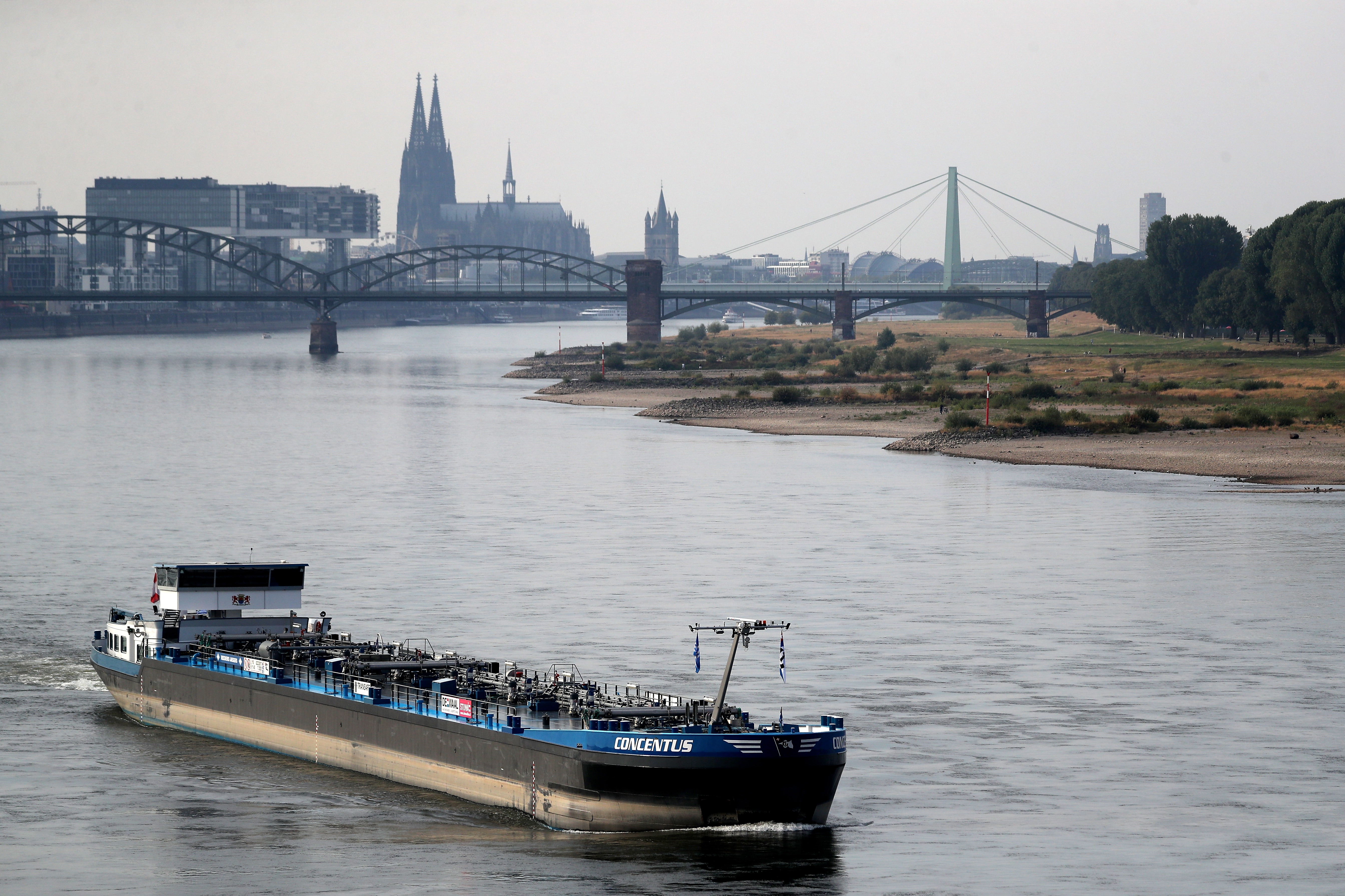 Low water level on Rhine river in Cologne