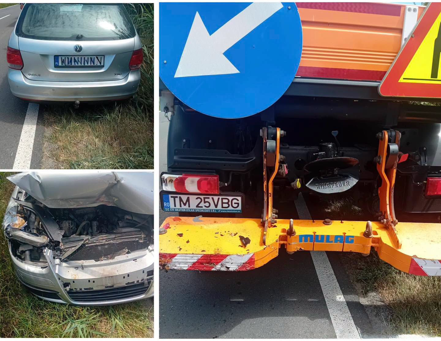 Atenționare pentru șoferi după un accident pe un drum din Timiș. Un autoturism a intrat într-un utilaj al DRDP